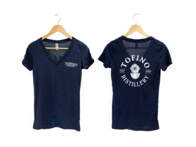 women's v neck t-shirt Tofino Distillery diver bell logo on back